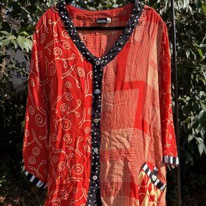 Iguana | XL | Red & Black Mixed-Print Artsy Button-Front Top